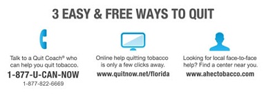 3 Easy and Free Ways to Quit - Talk to a quit coach who can help you quit tobacco. 1-877-U-CAN-Now. 1-877-822-6669. Online help quitting tobacco is only a few clicks away. www.quitnow.net/florida. Looking for local face-to-face help? Find a center near you. www.ahectobacco.com.